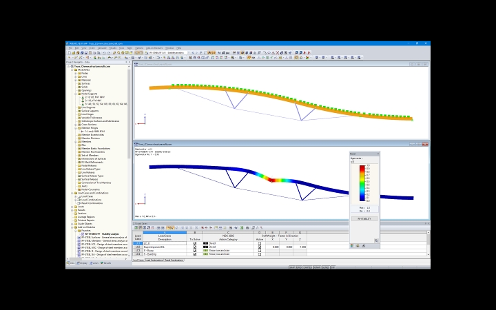 Modello (superiore) e forma modale 1a (inferiore) di una travatura reticolare ibrida in RFEM (© StructureCraft Builders Inc.)