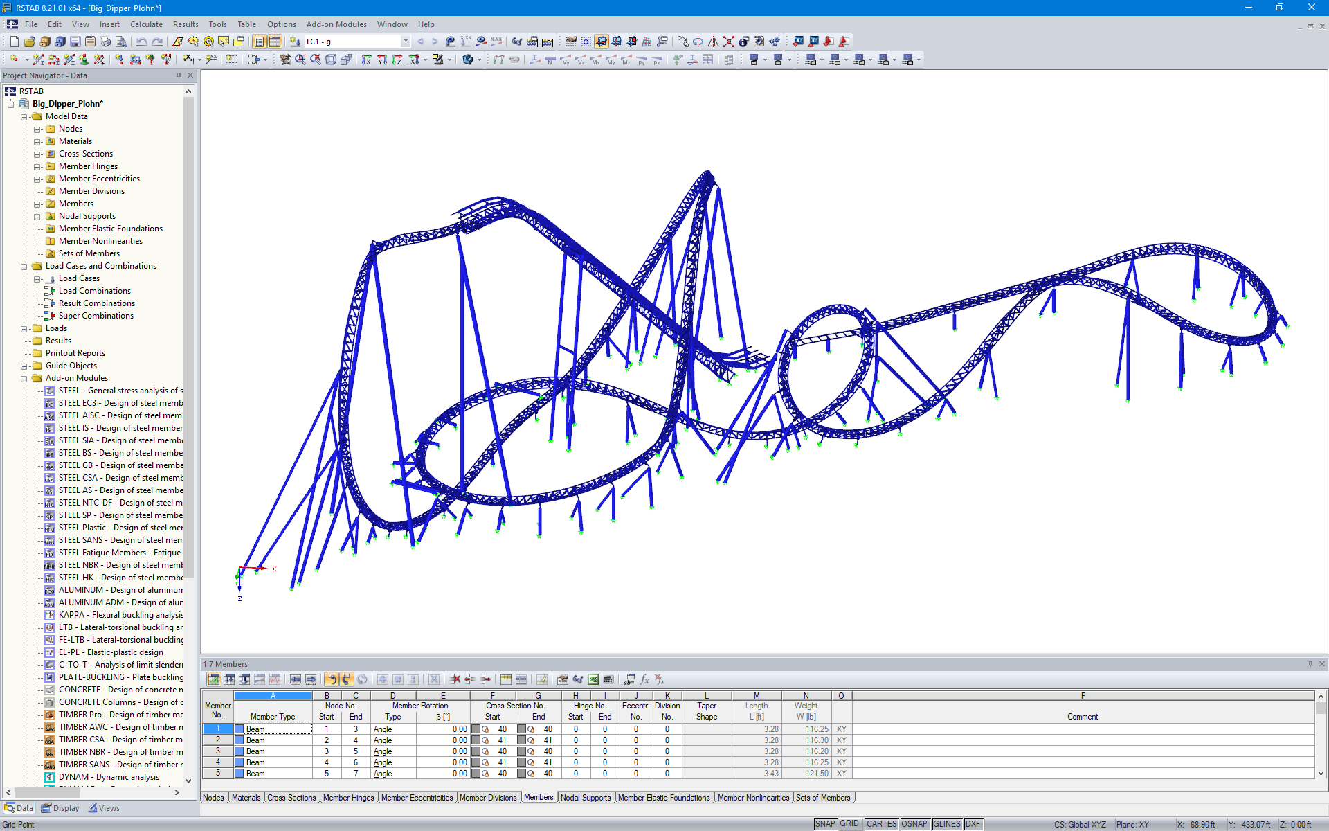 Modello RSTAB delle montagne russe Big Dipper Coaster "Dynamite" (© Weiß Beratende Ingenieure)