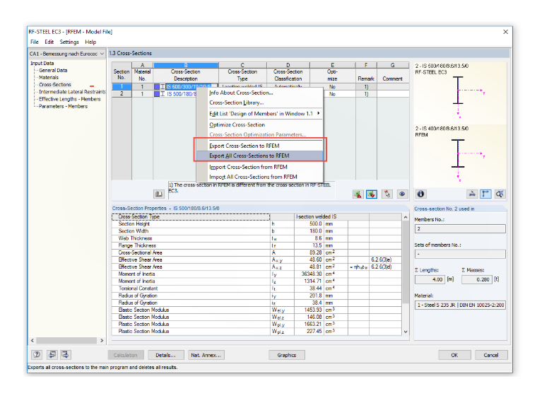 Trasferimento delle sezioni trasversali al programma principale di RSTAB/RFEM