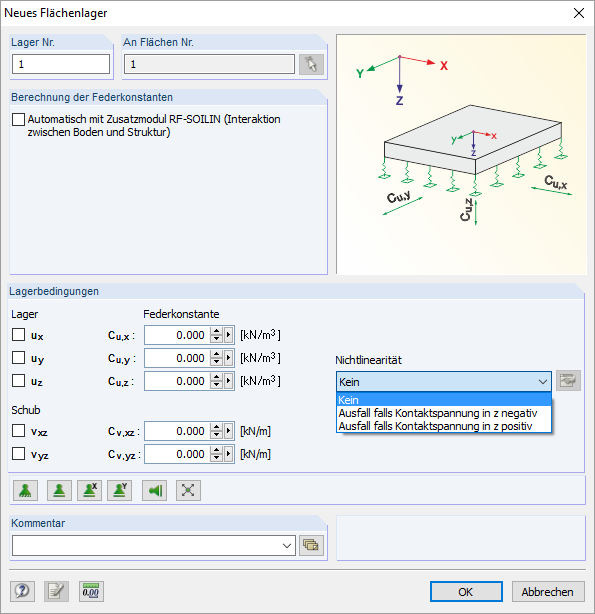 Inserimento di parametri per un vincolo elastico esterno in RFEM con coefficienti di vincolo Cu,x, Cu,y e Cu,z