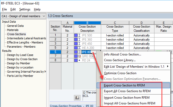 Esportazione della sezione trasversale modificata in RFEM