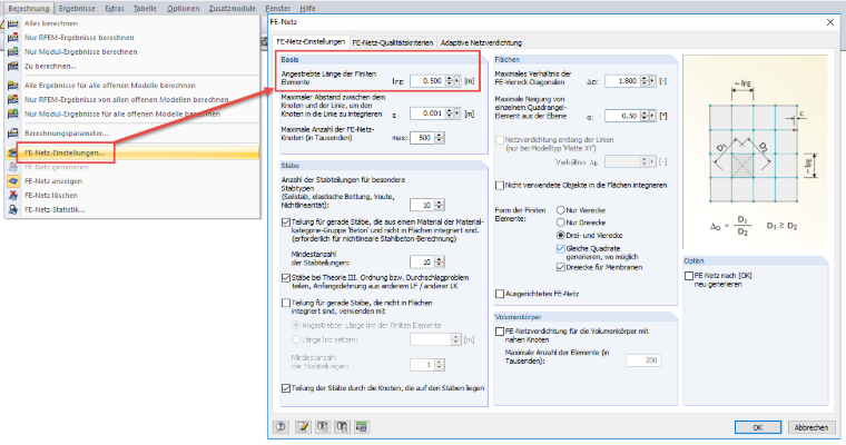 Impostazioni mesh EF