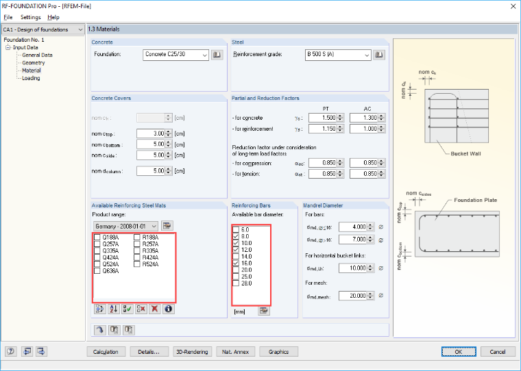 Finestra "1.3 Materiali" con selezione della possibile armatura