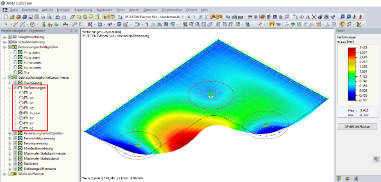 Grafico dei risultati con deformazioni da RF-CONCRETE Deflect