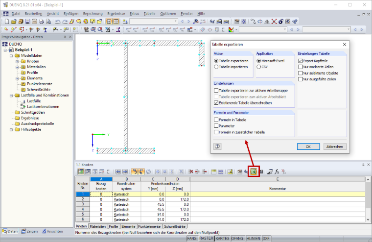 Dialog Tabelle exportieren