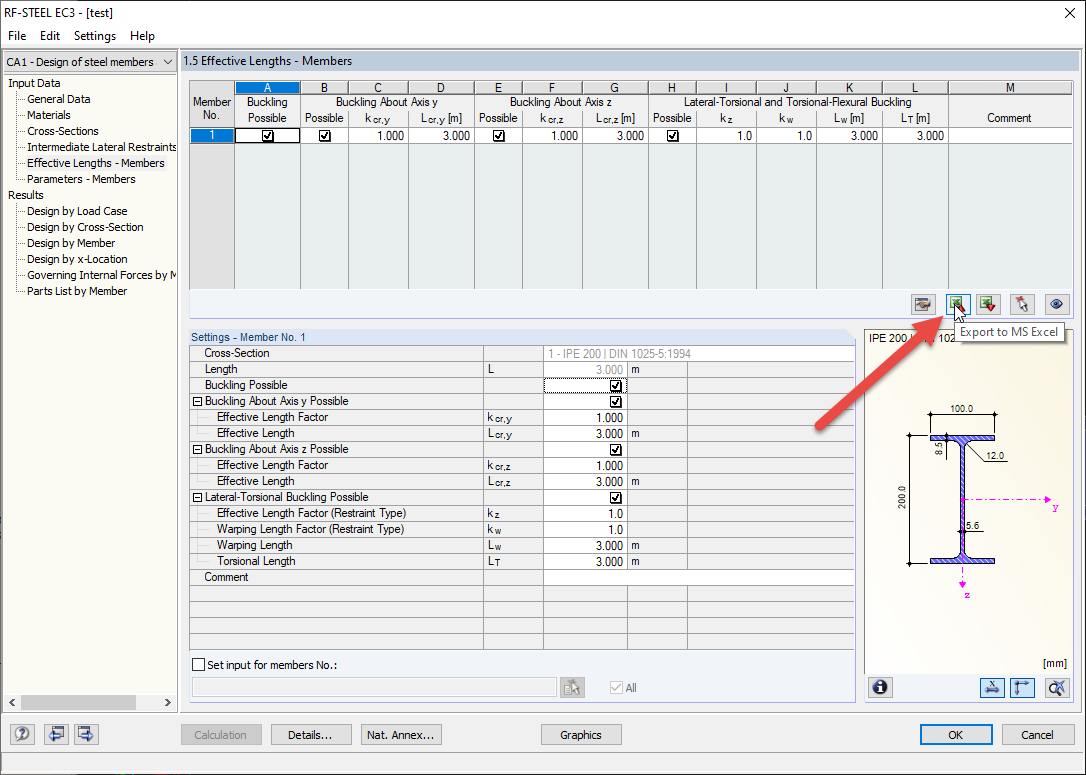 Esportazione/importazione di lunghezze efficaci a/da EXCEL in STEEL EC3