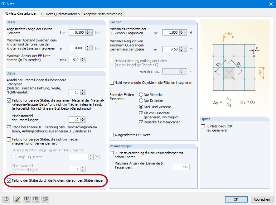 Impostazioni mesh EF