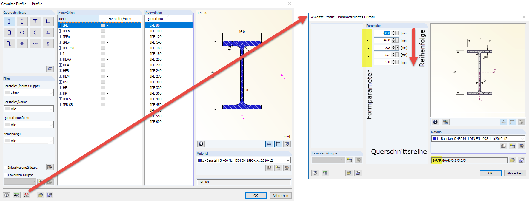 Parametri e sequenza delle sezioni trasversali laminate definite parametricamente