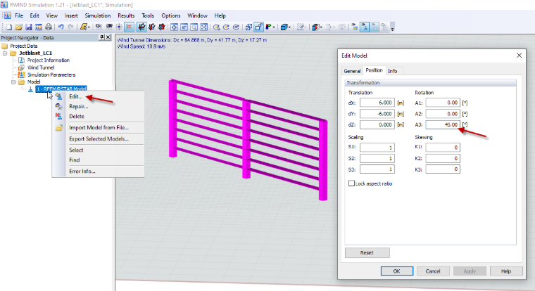 Spostamento e rotazione del modello in RWIND Simulation