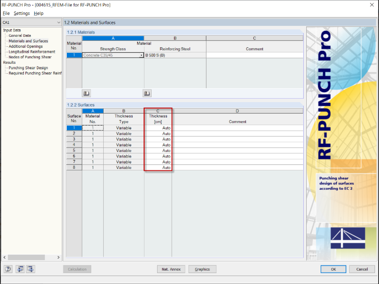 Finestra 1.2 Materiali e superfici nel modulo aggiuntivo RF-PUNCH Pro con impostazione dello spessore superficie