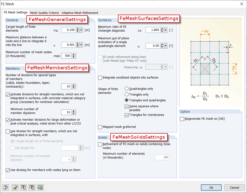 Elementi disponibili delle impostazioni della mesh EF tramite interfaccia RF-COM