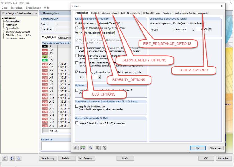 Dettagli della finestra di dialogo del modulo aggiuntivo STEEL EC3 con i tipi di variabili corrispondenti per la programmazione COM