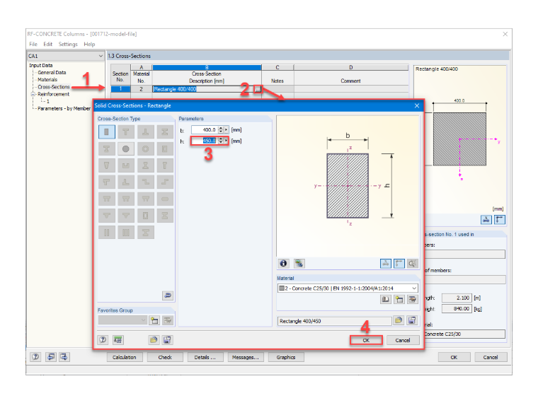 Modifica della sezione trasversale rettangolare in RF-CONCRETE Columns