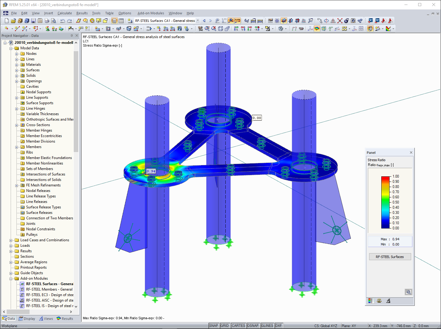Tensioni dell'acciaio della base della colonna in RFEM (© m3-ZT GmbH)