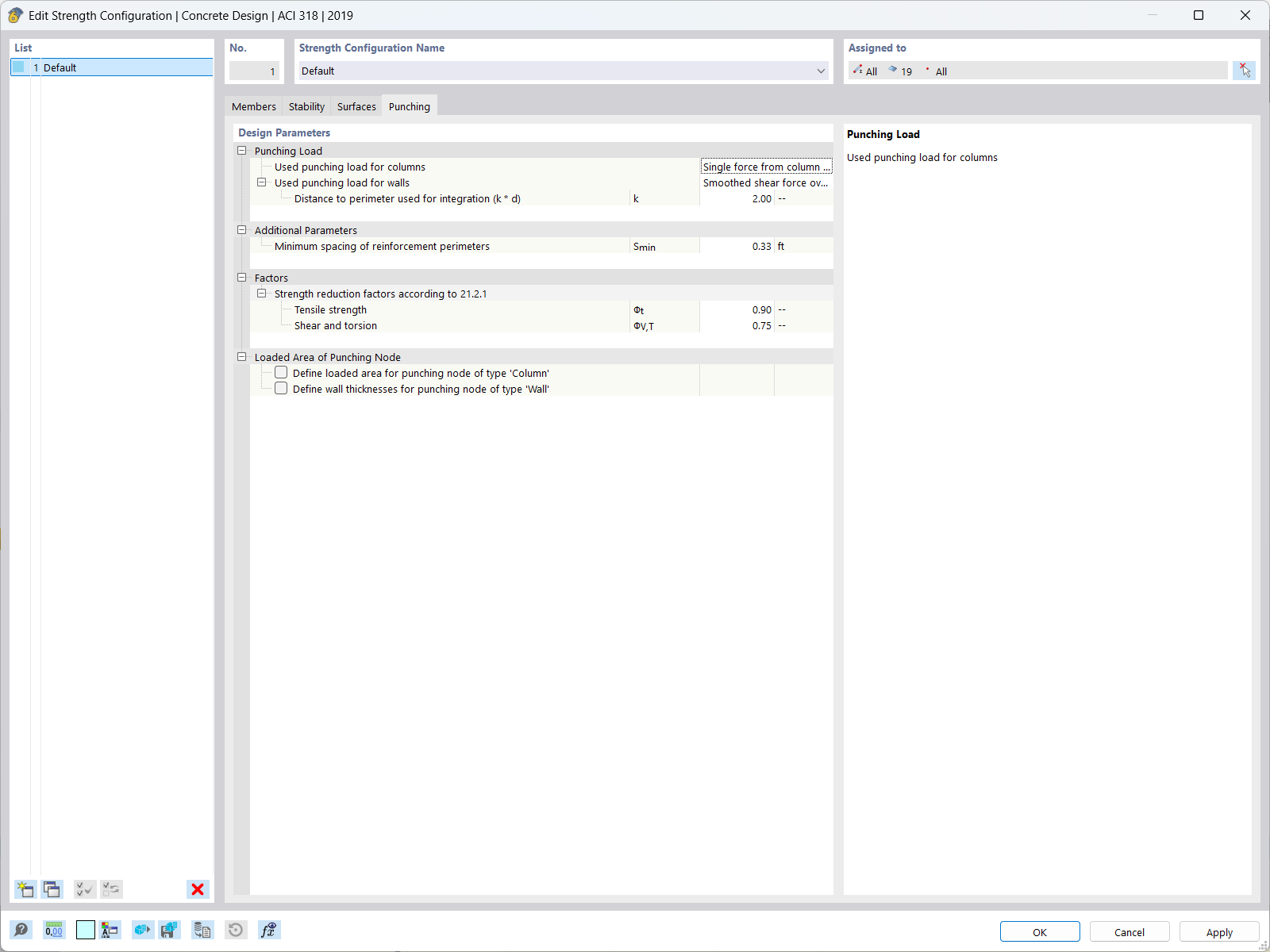 Interfaccia di configurazione per il controllo a punzonamento del calcestruzzo in RFEM.