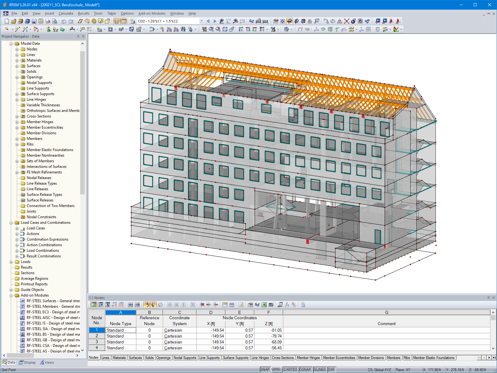 Modello 3D della scuola professionale in RFEM (© Eggers Tragwerksplanung GmbH)