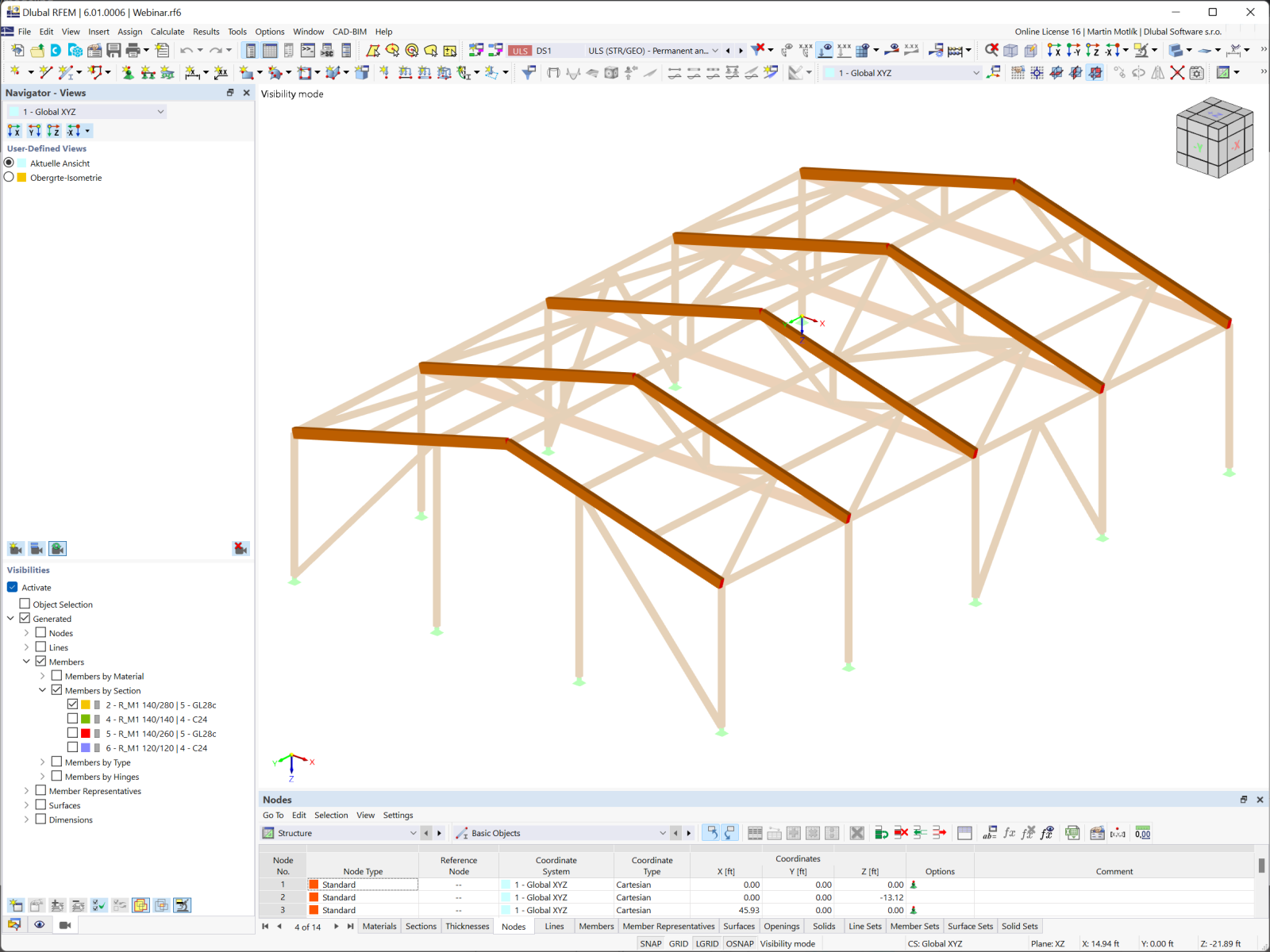 Interfaccia grafica RFEM con modello di capannone