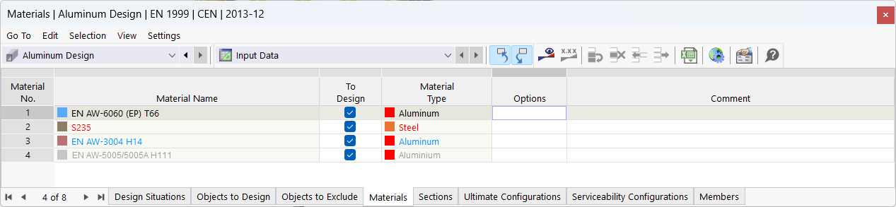Evidenziazione colorata dei materiali per Verifica alluminio