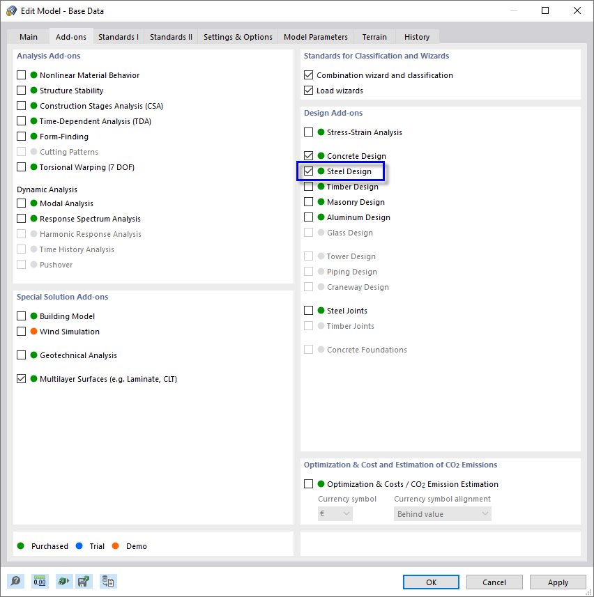 Attivazione dell'add-on "Verifica acciaio"