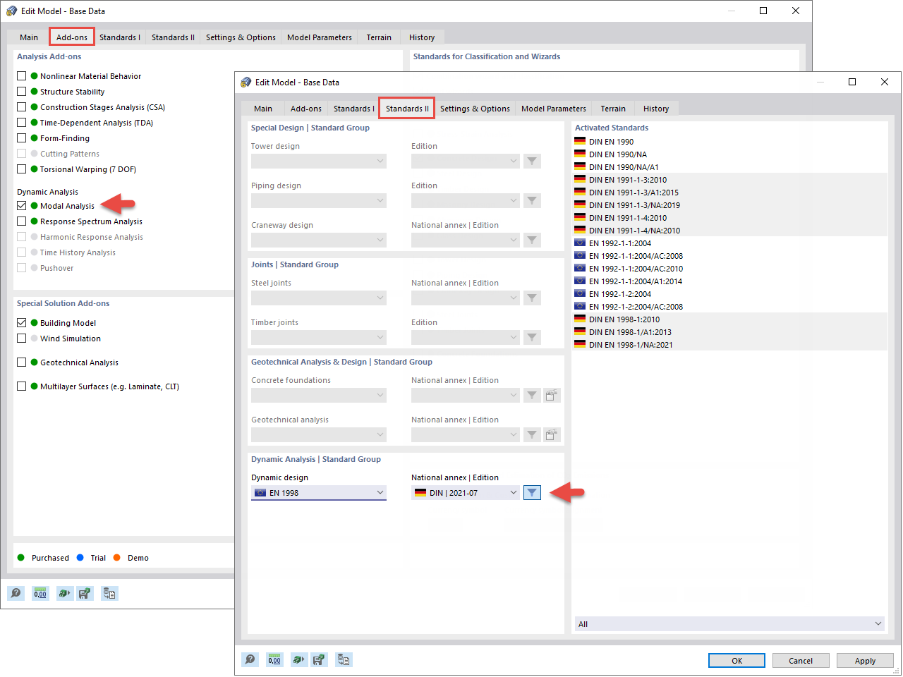 Attivazione dell'add-on Analisi modale e selezione della norma di progetto