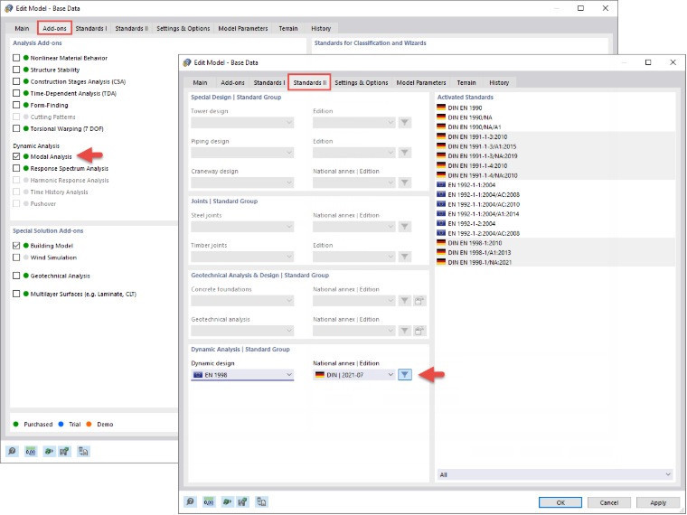 Attivazione dell'add-on Analisi modale e selezione della norma di progetto