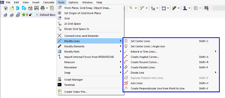 Strumenti di modellazione per linee nel menu "Strumenti"