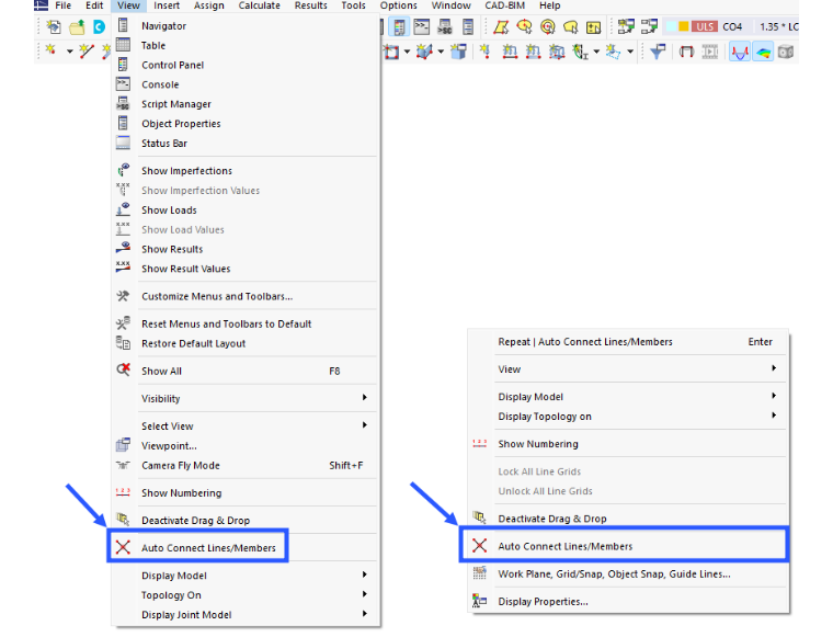 Funzione 'Collega automaticamente linee/aste' nel menu (1) e nel menu di scelta rapida generale (2)