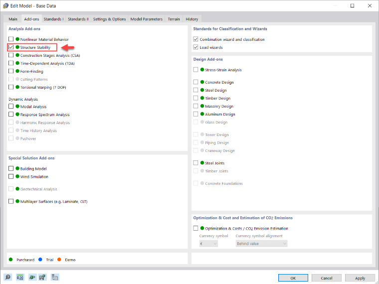 Attivazione dell'add-on Stabilità della struttura