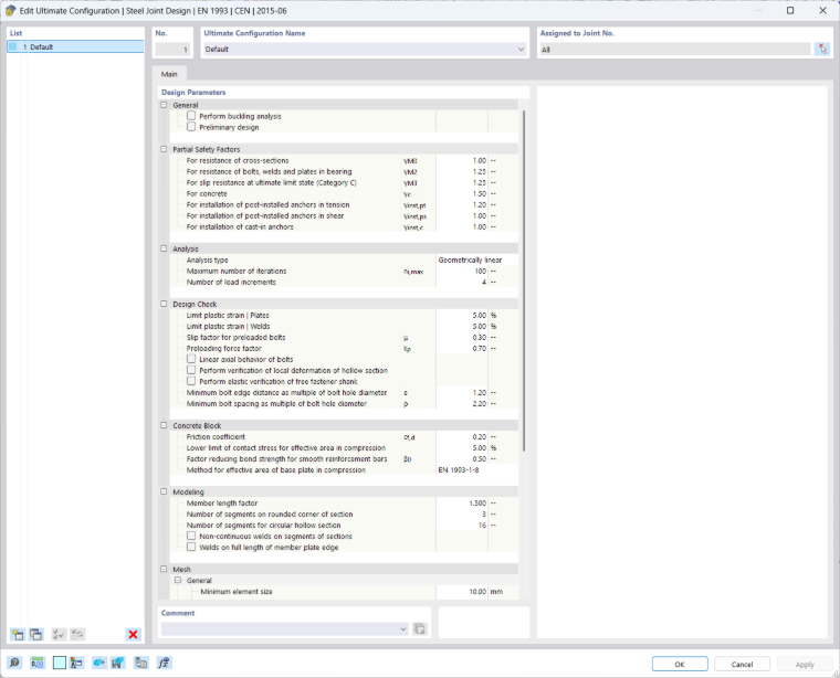 Parametri di verifica di una configurazione di SLU