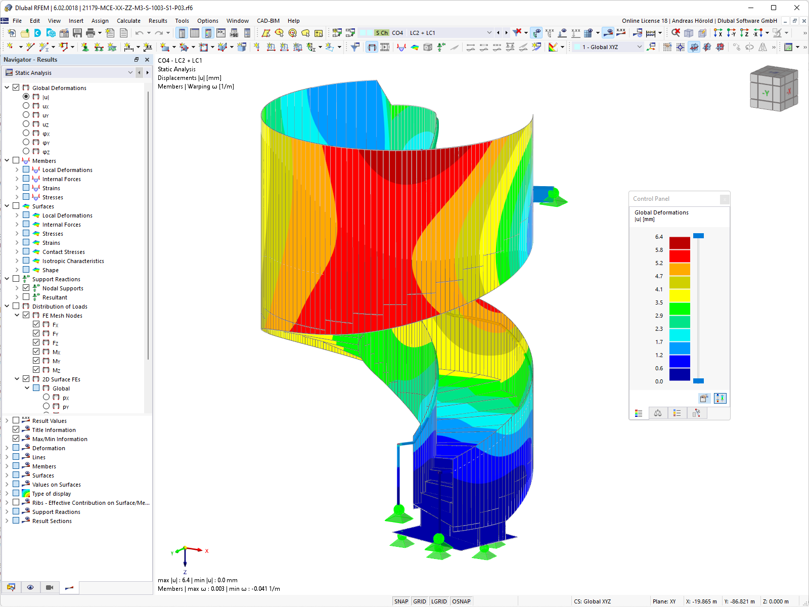 Mappa degli spostamenti generalizzati della scala a chiocciola in RFEM (© Matrix Consulting Engineers Ltd)