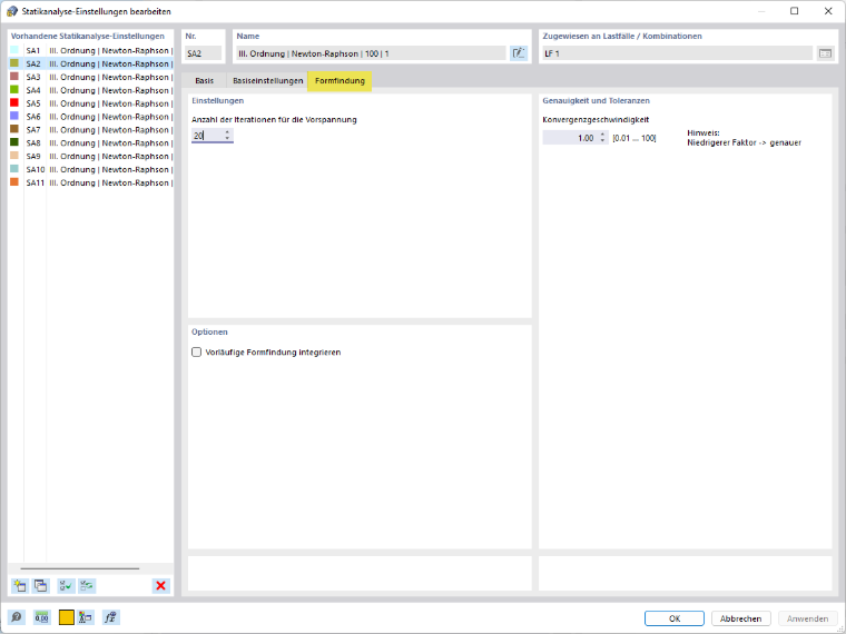 Impostazione analisi statica, scheda Form Finding