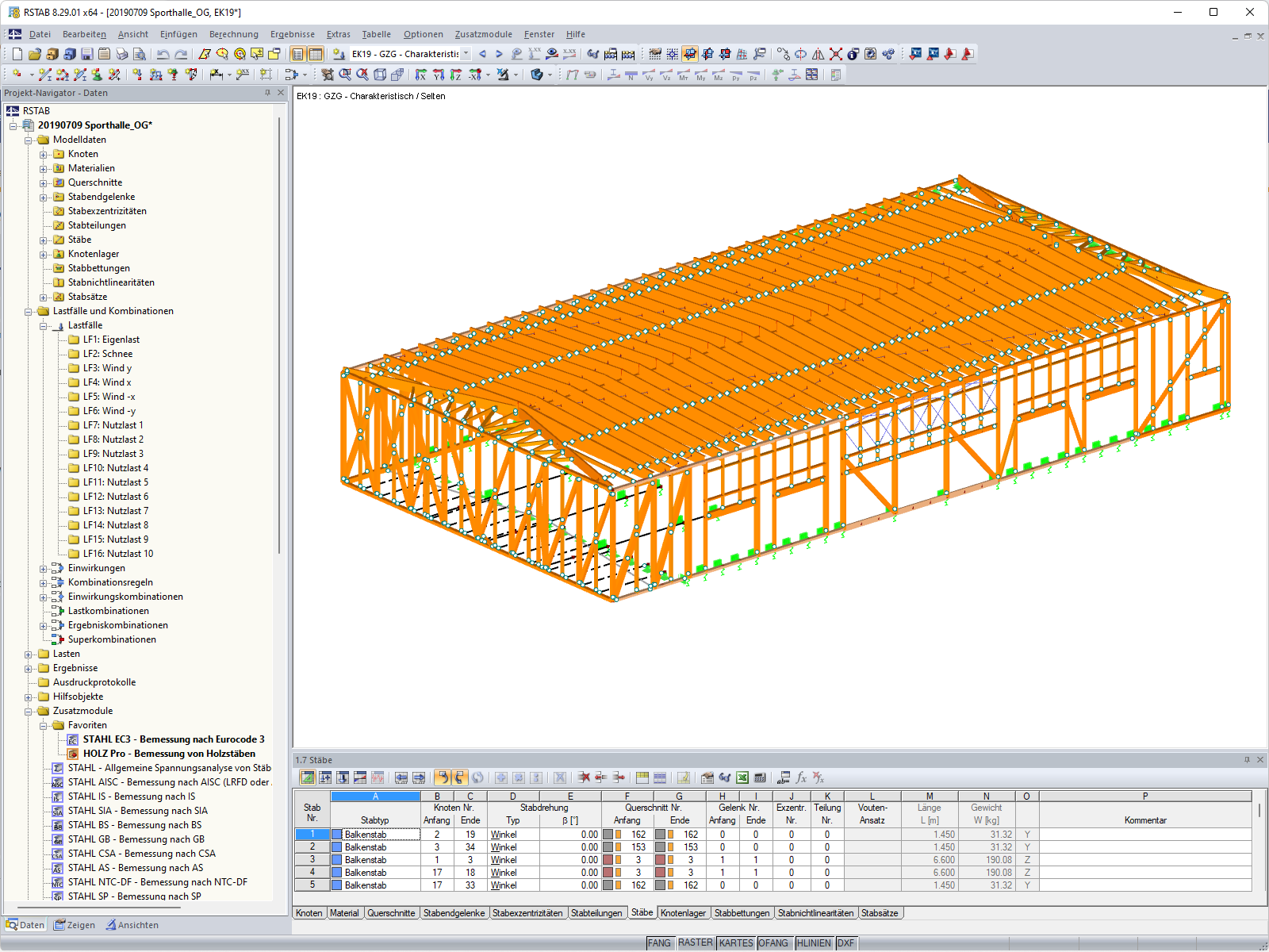 Modello 3D della struttura del capannone in legno in RSTAB (© MARX KRONTAL PARTNER)