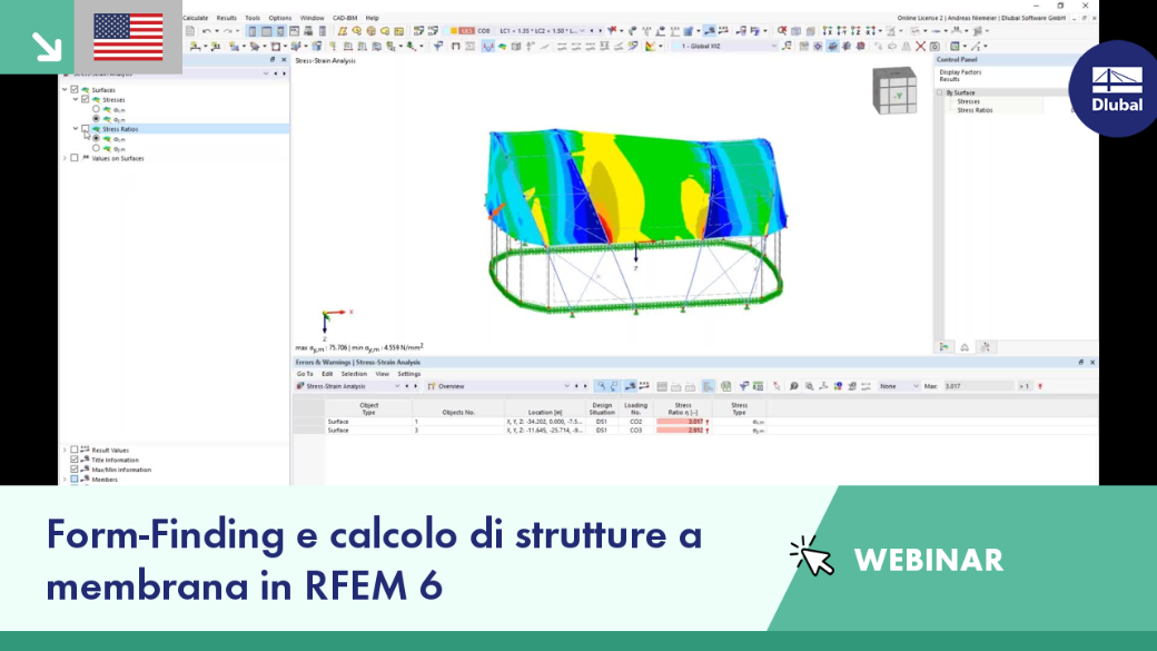 Screenshot di un webinar sulla creazione e il calcolo di strutture a membrana in contesti ingegneristici utilizzando RFEM 6.