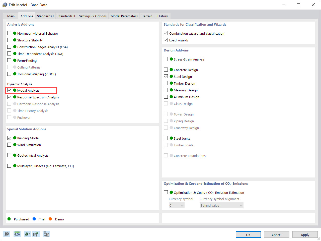 Add-on "Analisi modale" in Dati base