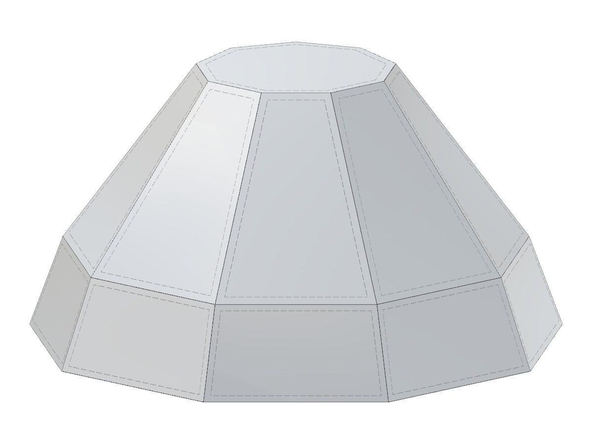 Modello 3D di una piramide tronca con sezione inferiore rastremata, progettato utilizzando un blocco JavaScript parametrico con input di spigoli variabili.