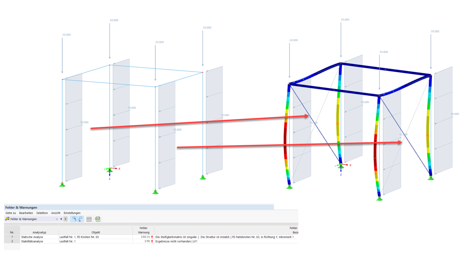 FAQ 005345 | Il mio modello in RFEM 6/RSTAB 9 è instabile. Quale potrebbe essere il motivo?