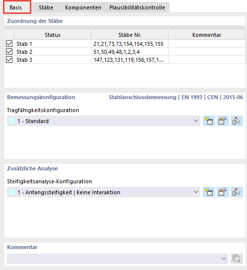 Vista dettagliata della scheda principale in un software di ingegneria professionale. Visibili i parametri delle impostazioni predefinite.
