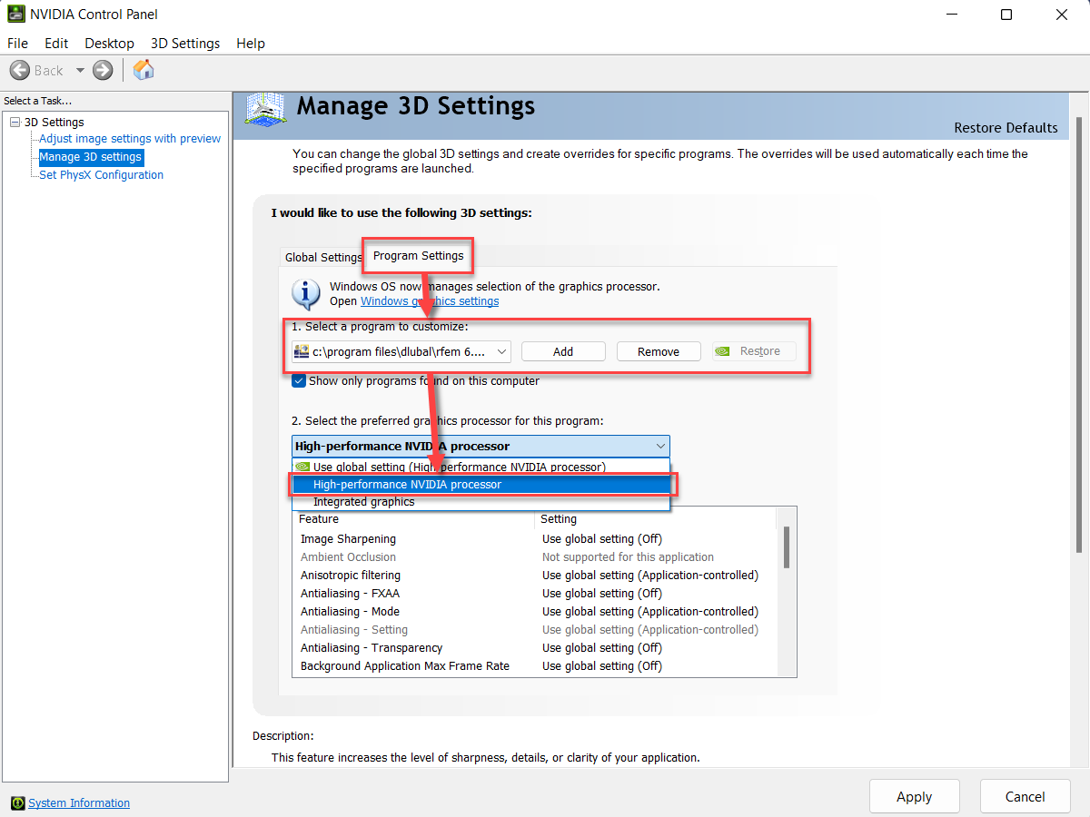 FAQ 005352 | Come posso assicurarmi che RFEM 6 e RSTAB 9 stiano utilizzando la scheda grafica dedicata nel mio computer?