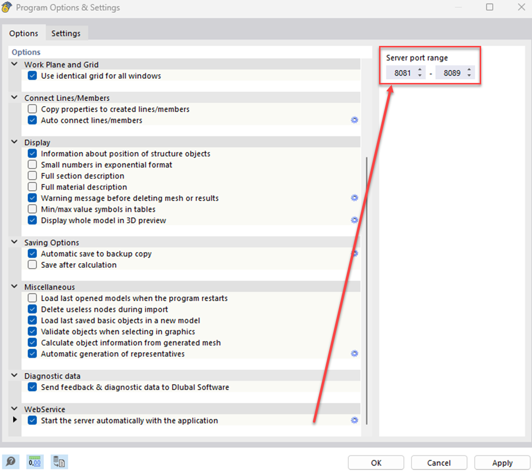 Intervallo di porte del server WebService in RFEM 6