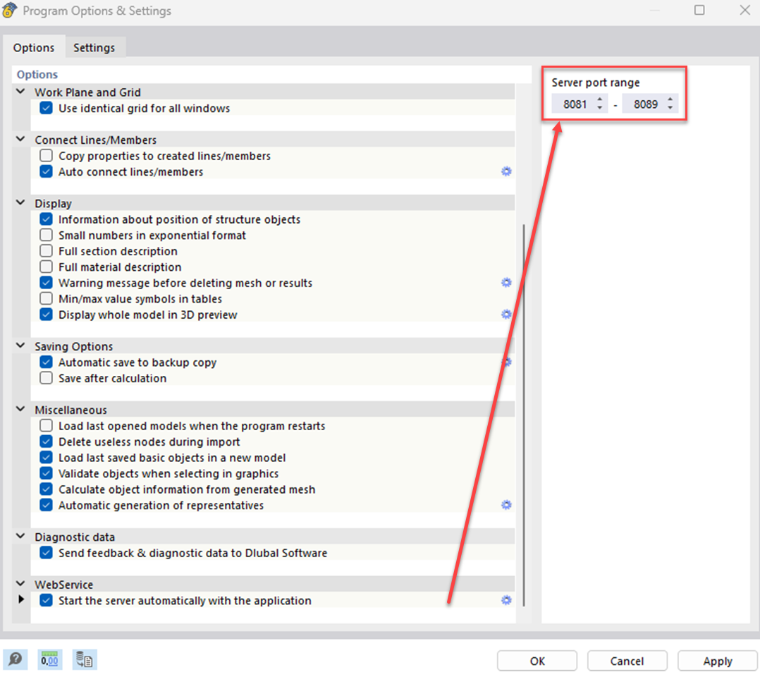 Intervallo di porte del server WebService in RFEM 6