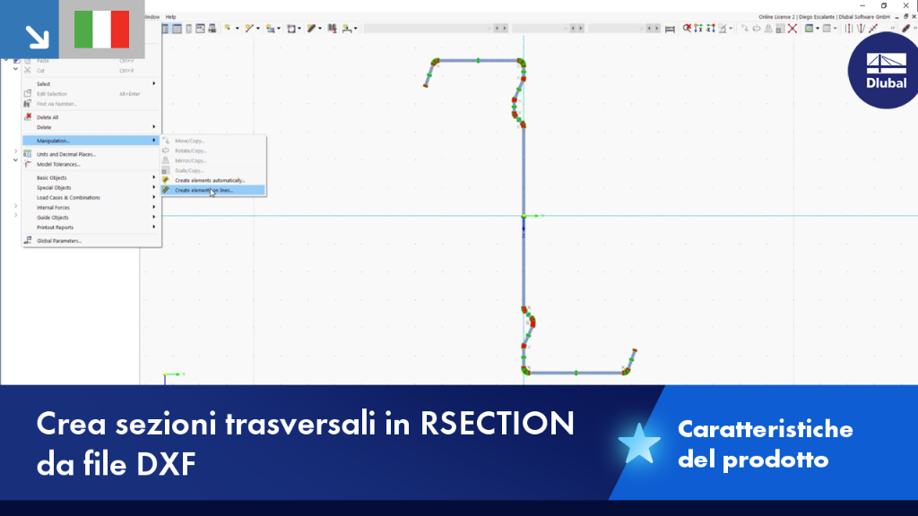 Visualizzazione del processo di creazione di una sezione RSECTION da un file DXF. Mostra la funzione di importazione e i dati geometrici generati della sezione.