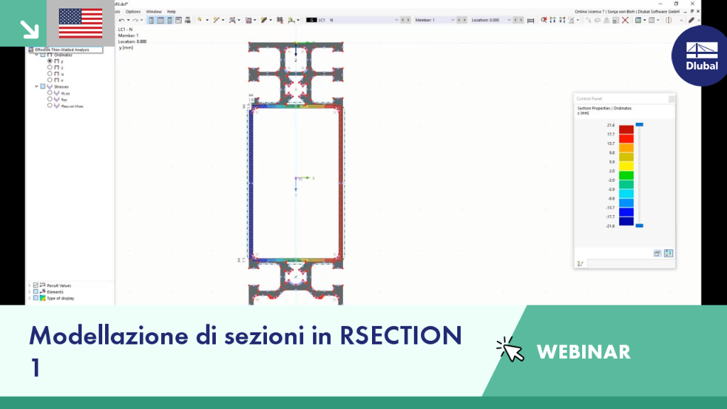 Vista 3D del processo di modellazione delle sezioni trasversali nel webinar su RSECTION 1, con analisi delle sezioni strutturali.