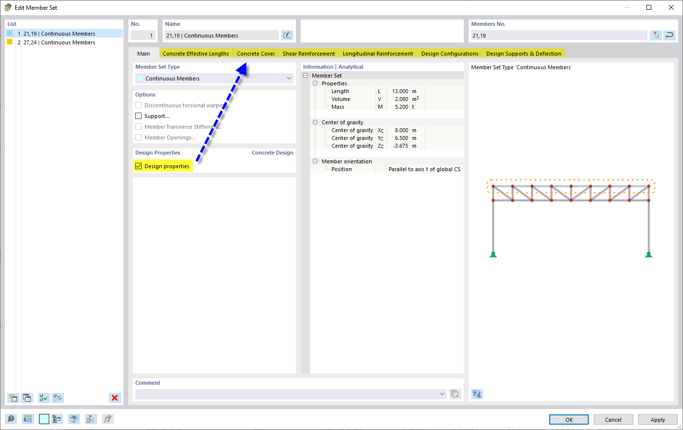 Attiva le proprietà di progetto di un set di aste