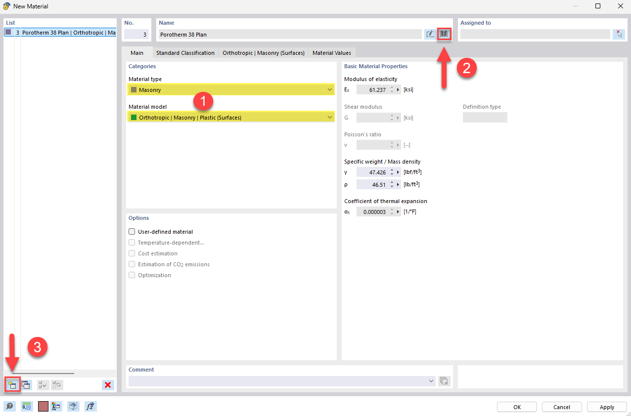 Interfaccia utente per la definizione di nuovi materiali in legno, con informazioni sulle loro proprietà fisiche e categorie d'uso nel software. Nessun ulteriore elemento di controllo visibile.