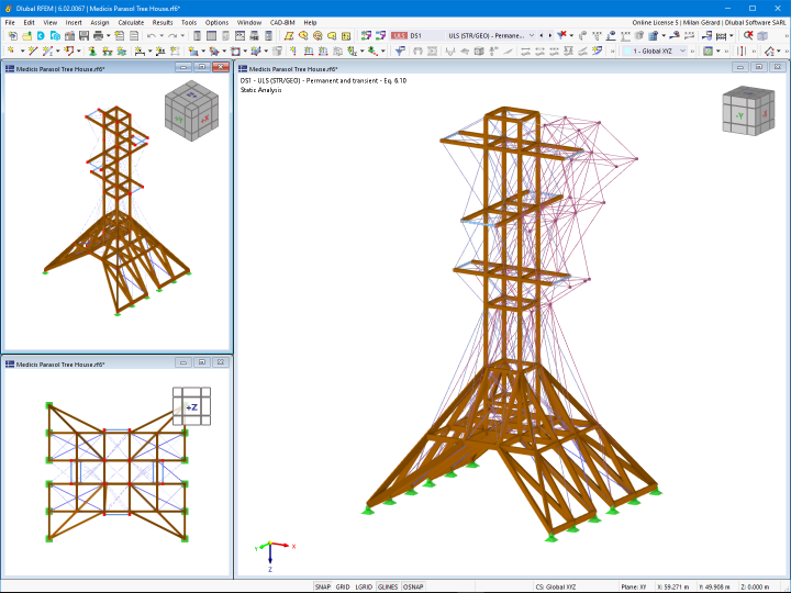 Capanna ombrellone modellata in RFEM e visualizzazione delle deformate