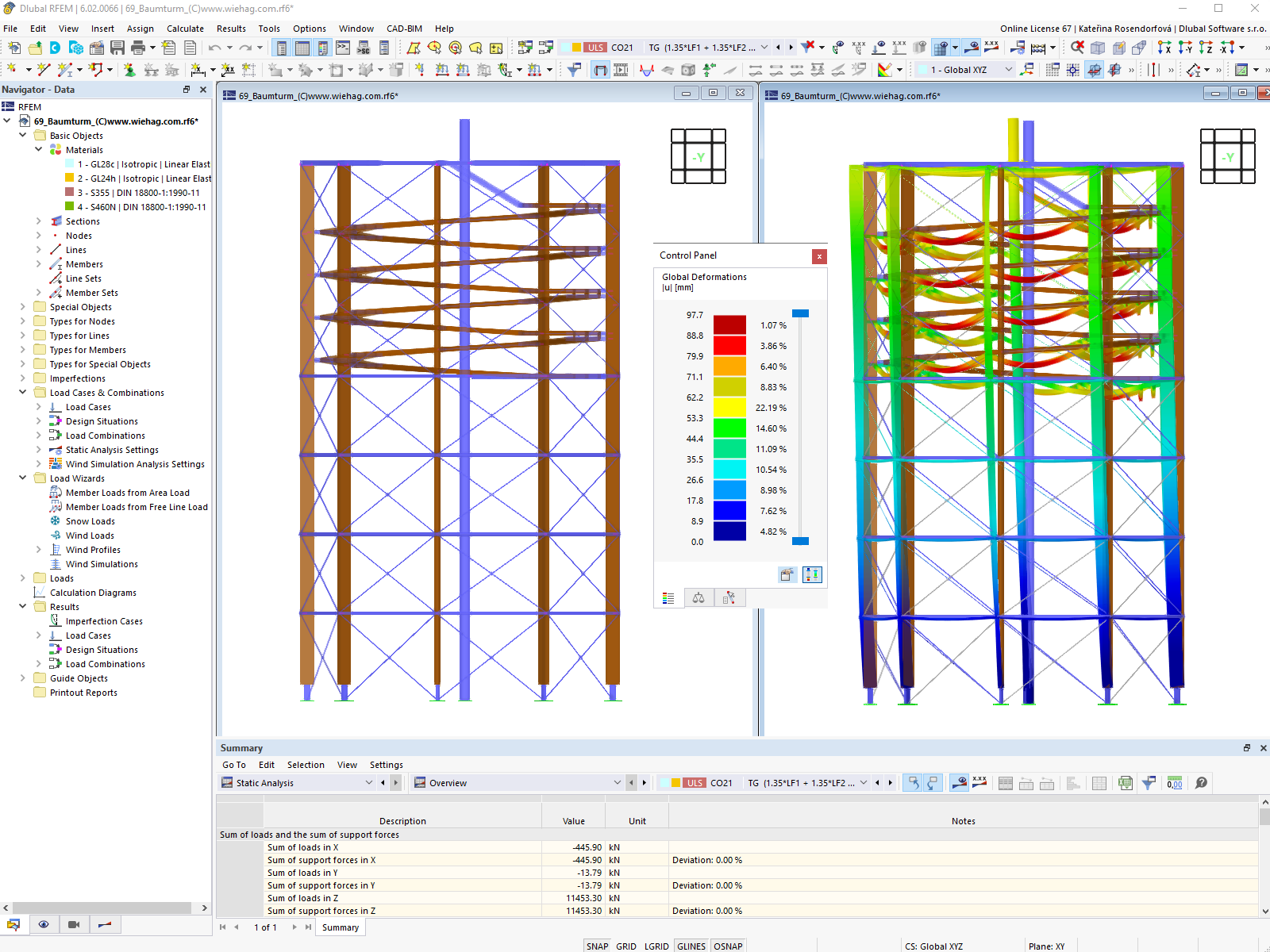 Modello e immagine di deformazione della torre in RFEM
