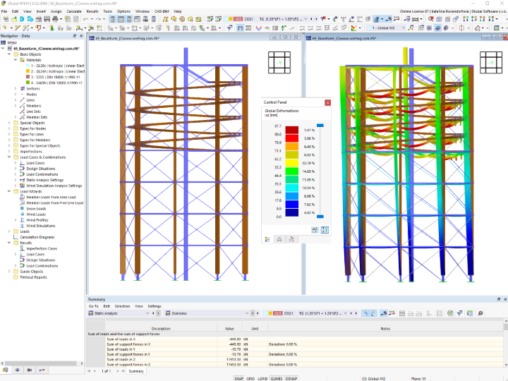 Modello e immagine di deformazione della torre in RFEM