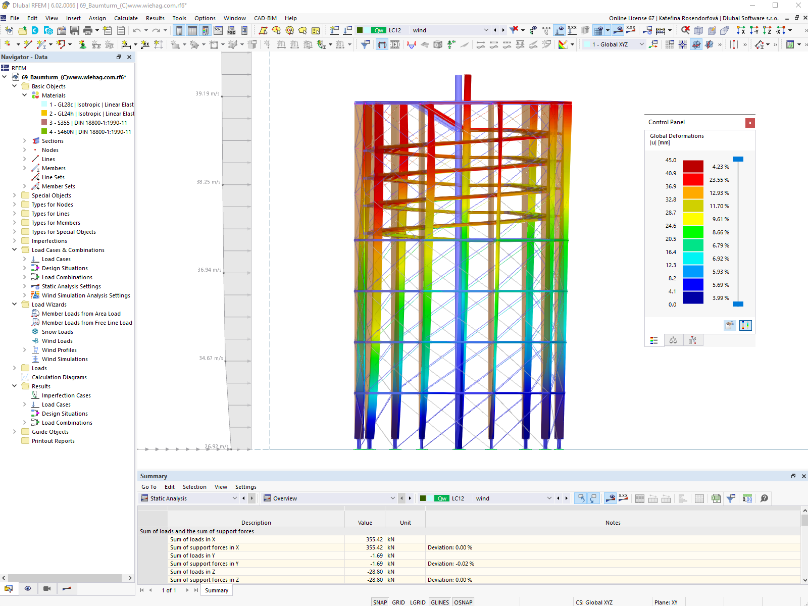 Modello e immagine di deformazione della torre in RFEM