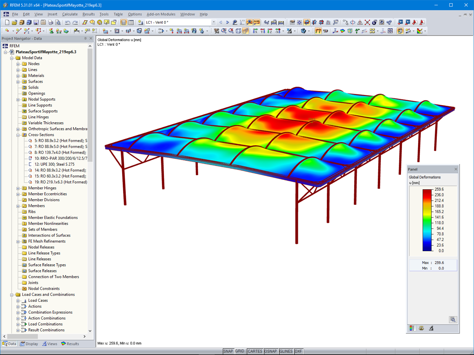Deformazioni sotto carico del vento in RFEM 5 (© Normandie Structures)