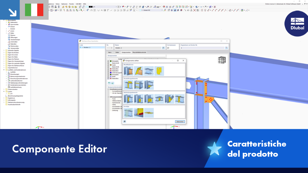 L’editor dell’asta mostra le impostazioni per l'analisi lineare e non lineare di una trave.
